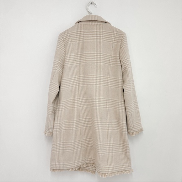 Sail to Sable Wool Blend Fringe Trim Double Breasted Plaid Coat in Cream Ivory - Picture 3 of 7